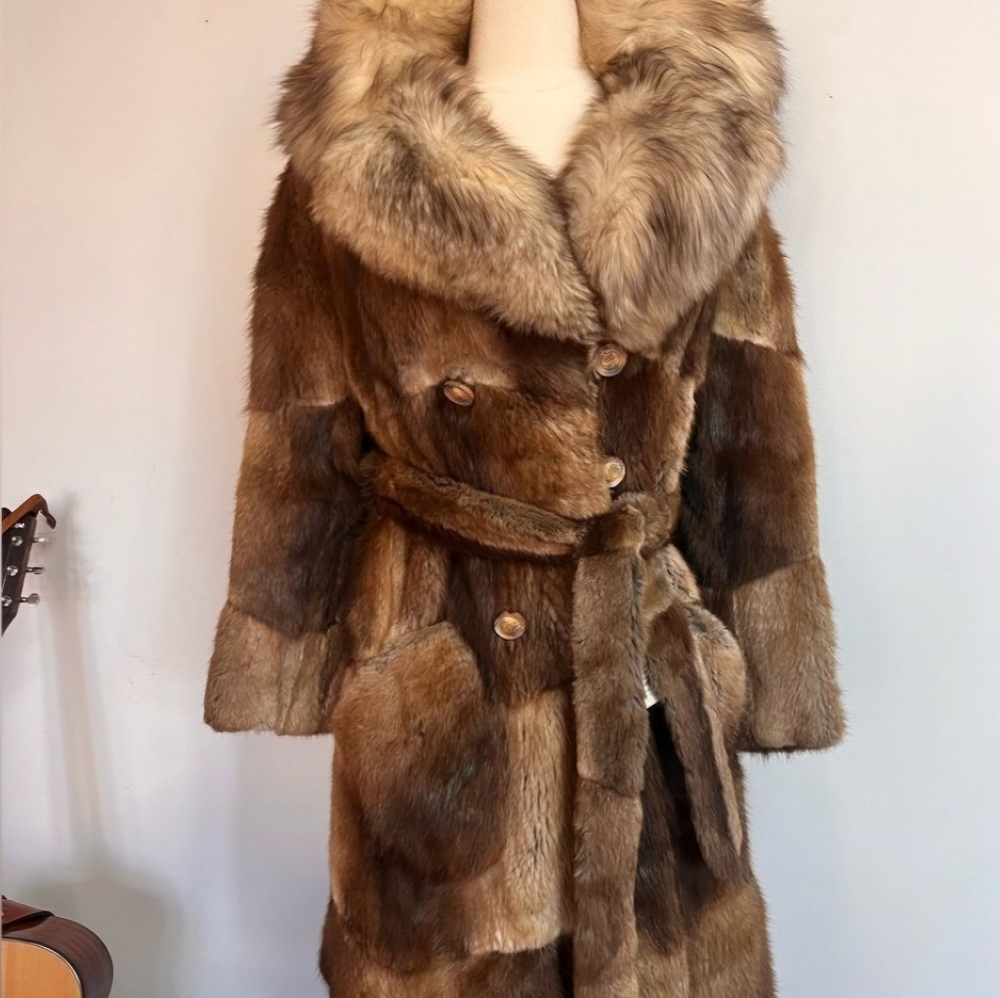 Rare Vintage 1960s / 70s DEADSTOCK NWT Penny Lane Checkered Belted Fox Fur Coat
